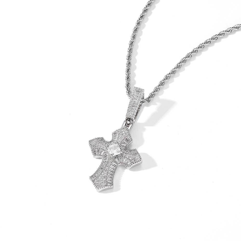 Architectural Zircon Cross Pendant Necklace – Gold-Tone Sculpted Statement Chain, Precision Inlaid