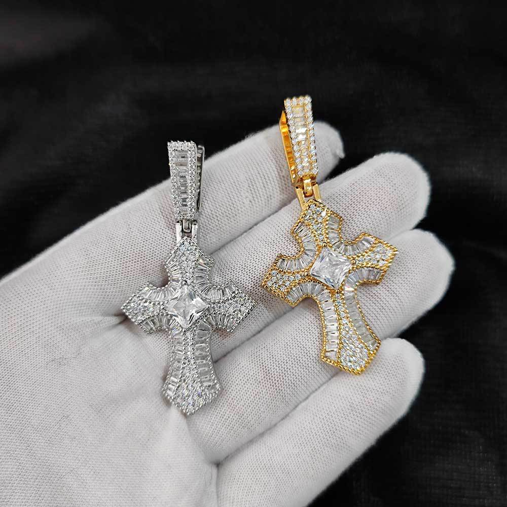 Architectural Zircon Cross Pendant Necklace – Gold-Tone Sculpted Statement Chain, Precision Inlaid