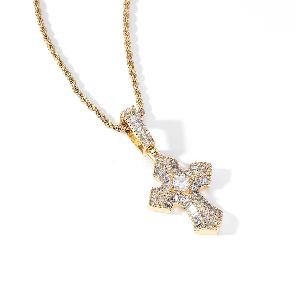Architectural Zircon Cross Pendant Necklace – Gold-Tone Sculpted Statement Chain, Precision Inlaid
