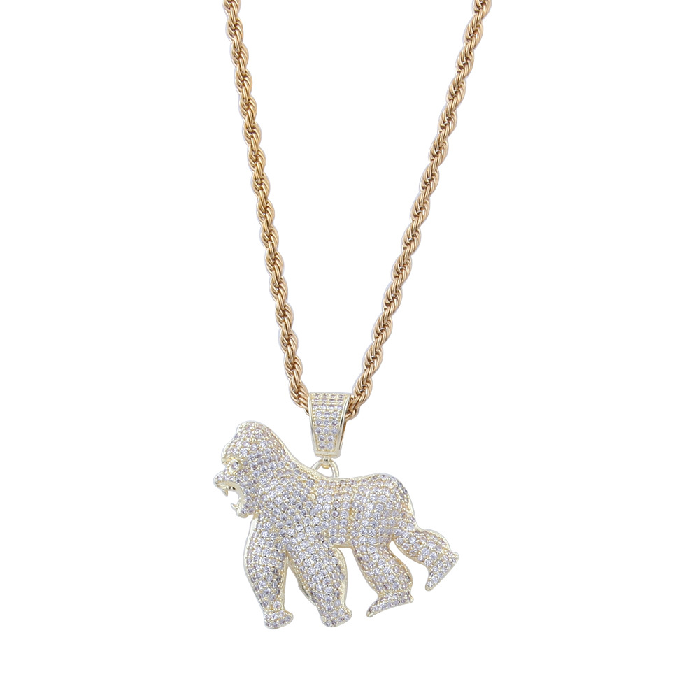 Roaring Gorilla Zircon Pendant Necklace – Gold-Tone Sculpted Statement Chain