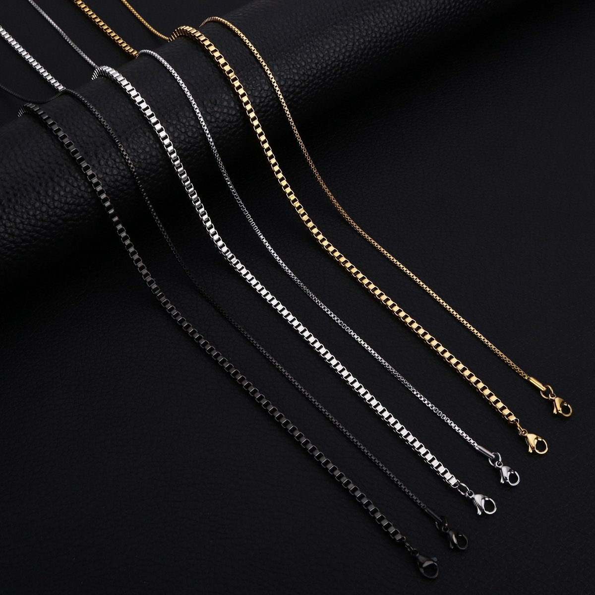 Premium Stainless Steel Box Chain Necklace – Luxury Square Link in Gold, Silver & Black