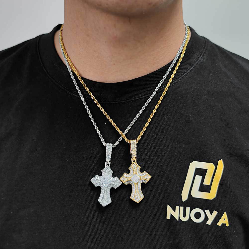 Architectural Zircon Cross Pendant Necklace – Gold-Tone Sculpted Statement Chain, Precision Inlaid