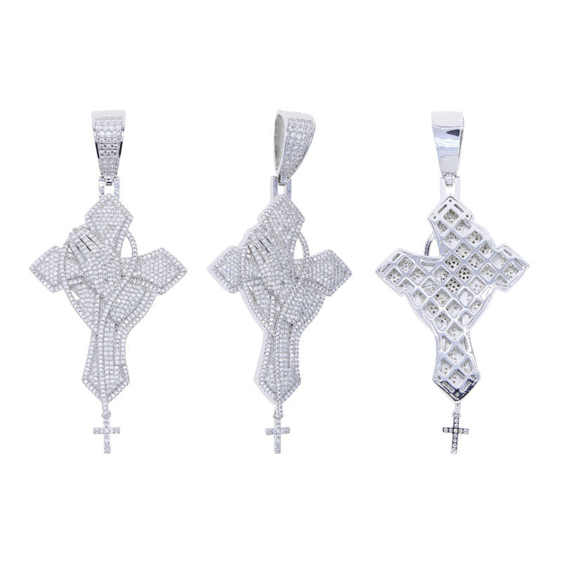 Sculpted Prayer Cross Pendant Necklace – Silver-Tone Pavé Zircon Statement Chain