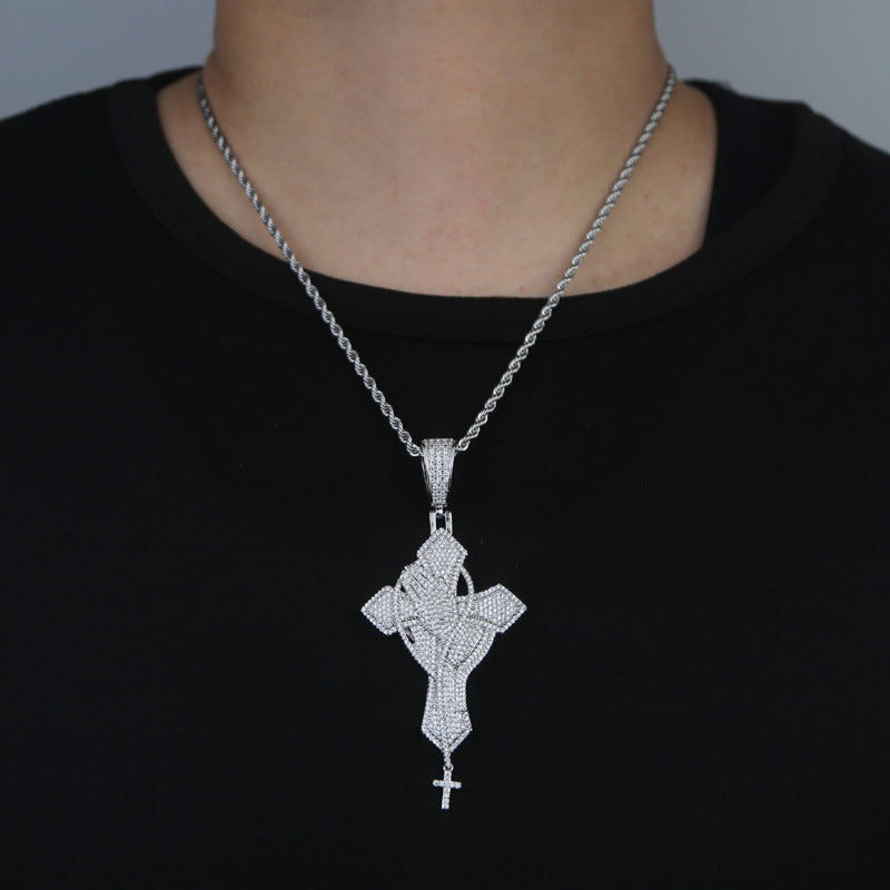 Sculpted Prayer Cross Pendant Necklace – Silver-Tone Pavé Zircon Statement Chain