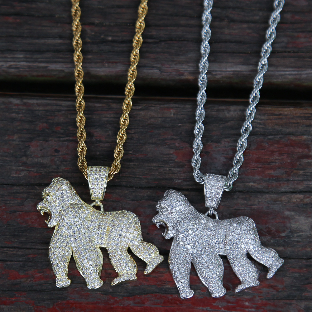 Roaring Gorilla Zircon Pendant Necklace – Gold-Tone Sculpted Statement Chain