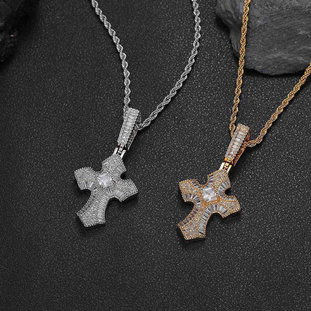 Architectural Zircon Cross Pendant Necklace – Gold-Tone Sculpted Statement Chain, Precision Inlaid