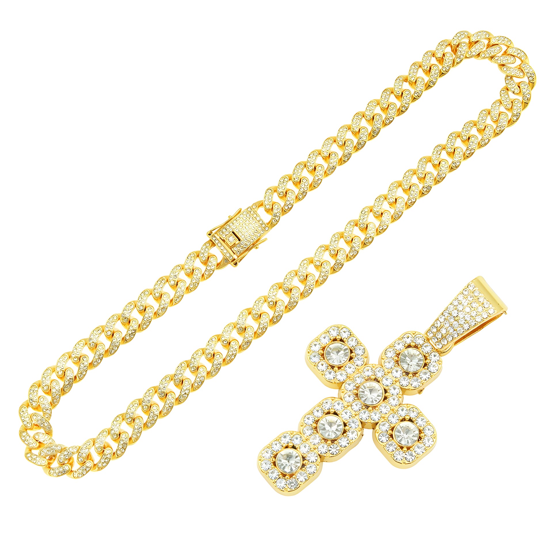 Luxury Hip Hop Diamond Cross Pendant Cuban Link Necklace – Gold-Tone Statement Chain