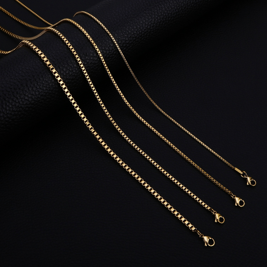 Premium Stainless Steel Box Chain Necklace – Luxury Square Link in Gold, Silver & Black
