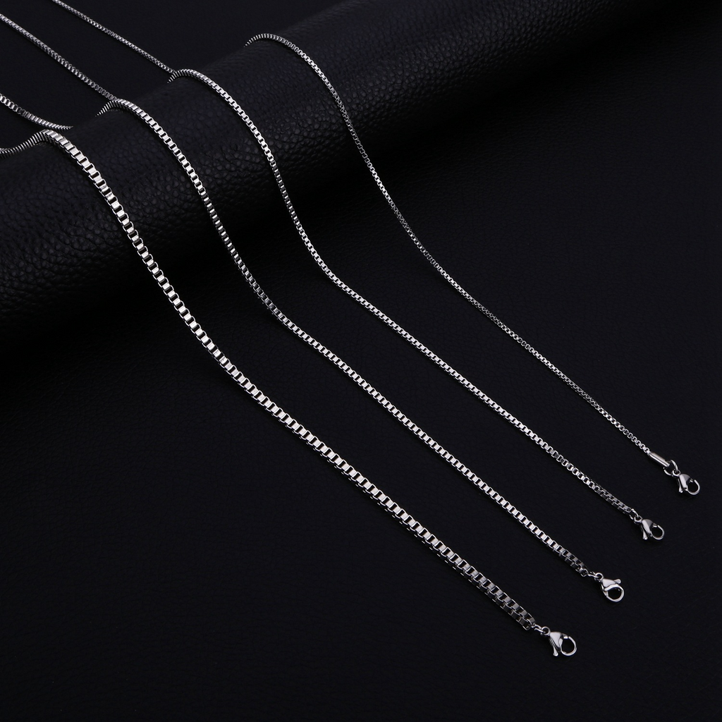 Premium Stainless Steel Box Chain Necklace – Luxury Square Link in Gold, Silver & Black