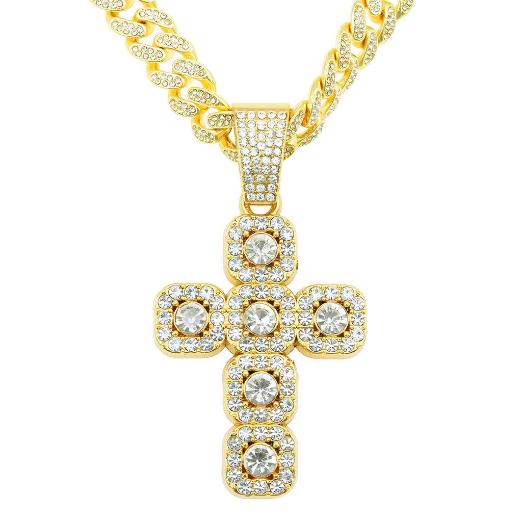 Luxury Hip Hop Diamond Cross Pendant Cuban Link Necklace – Gold-Tone Statement Chain