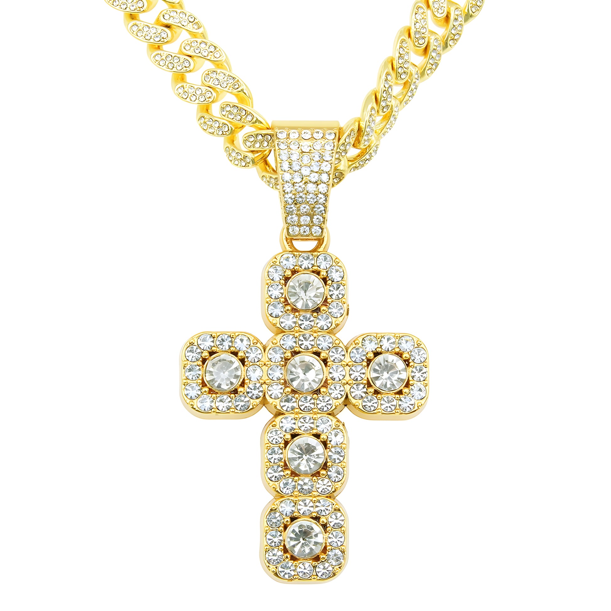 Luxury Hip Hop Diamond Cross Pendant Cuban Link Necklace – Gold-Tone Statement Chain