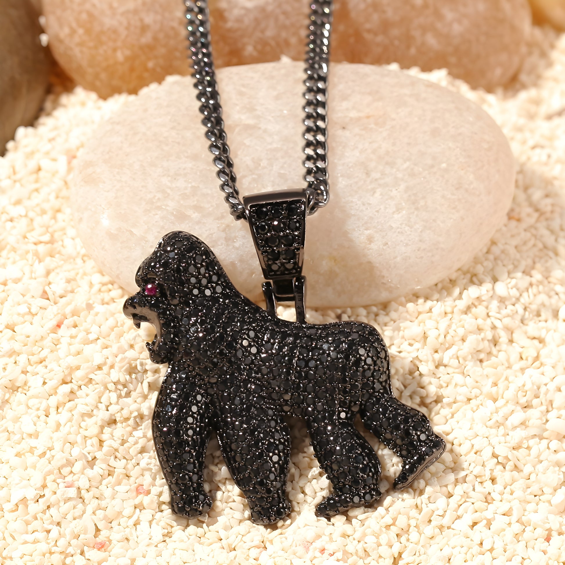 Roaring Gorilla Zircon Pendant Necklace – Gold-Tone Sculpted Statement Chain