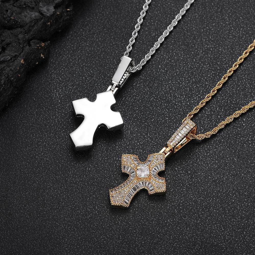 Architectural Zircon Cross Pendant Necklace – Gold-Tone Sculpted Statement Chain, Precision Inlaid
