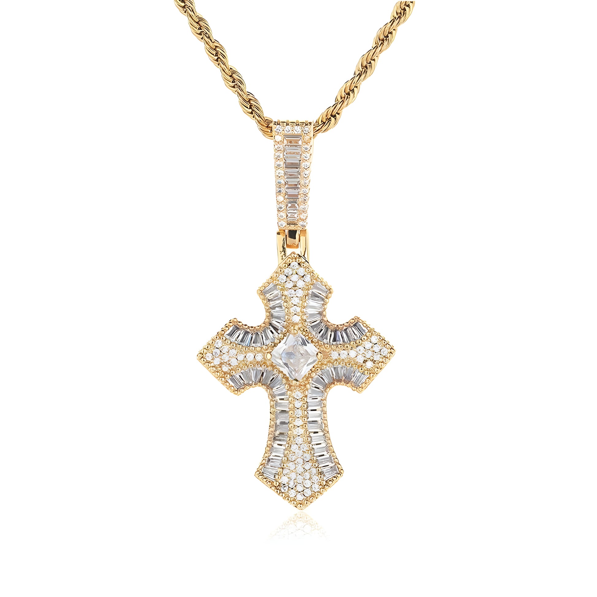 Architectural Zircon Cross Pendant Necklace – Gold-Tone Sculpted Statement Chain, Precision Inlaid