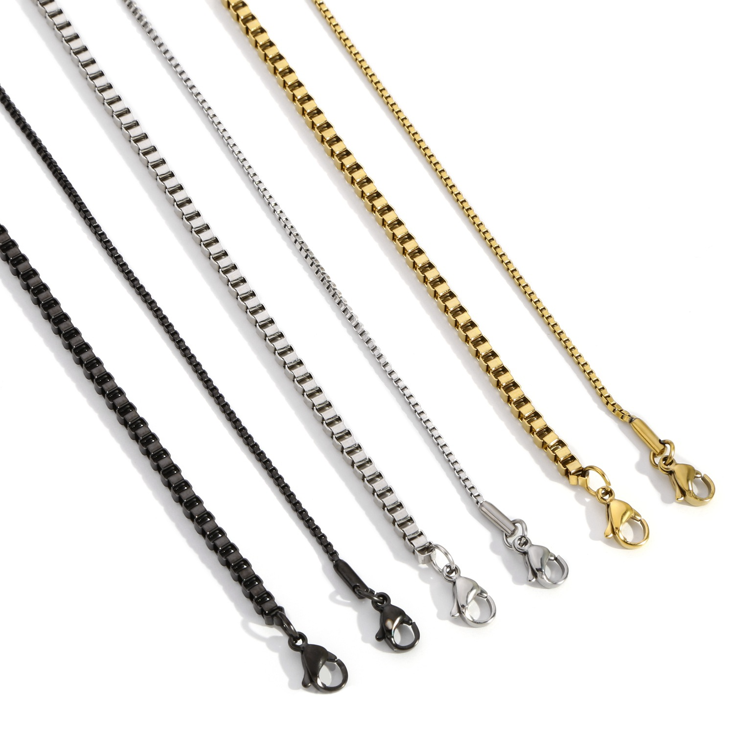 Premium Stainless Steel Box Chain Necklace – Luxury Square Link in Gold, Silver & Black