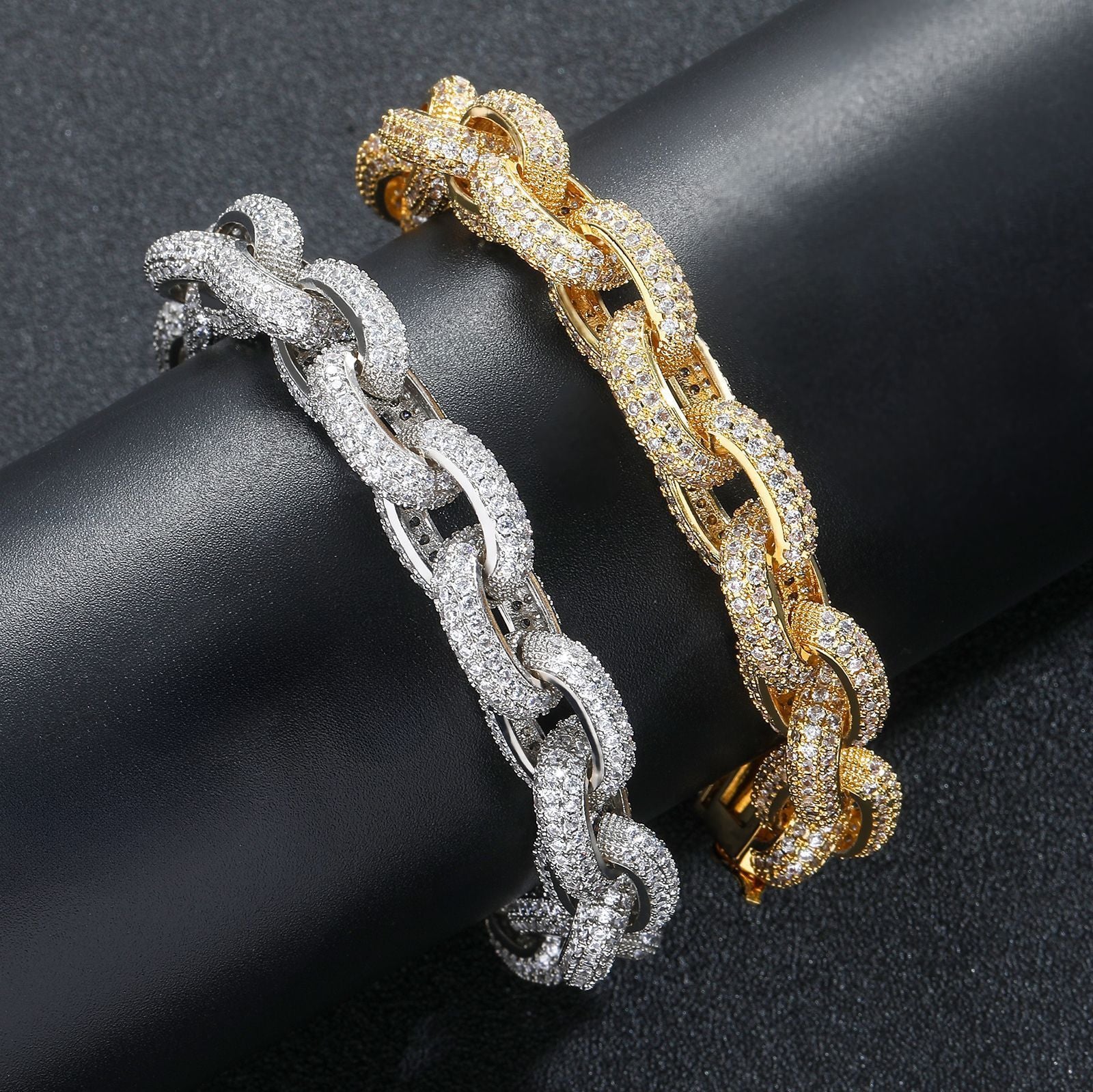 Luxury 12mm Zircon-Encrusted Cuban Link Bracelet – Gold & Silver Premium Edition