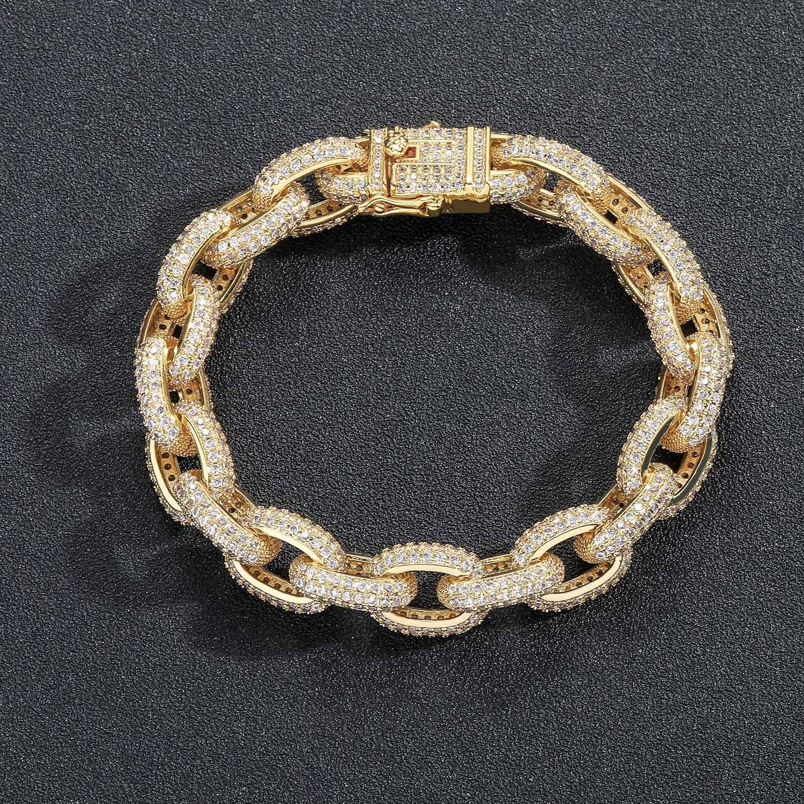 Luxury 12mm Zircon-Encrusted Cuban Link Bracelet – Gold & Silver Premium Edition