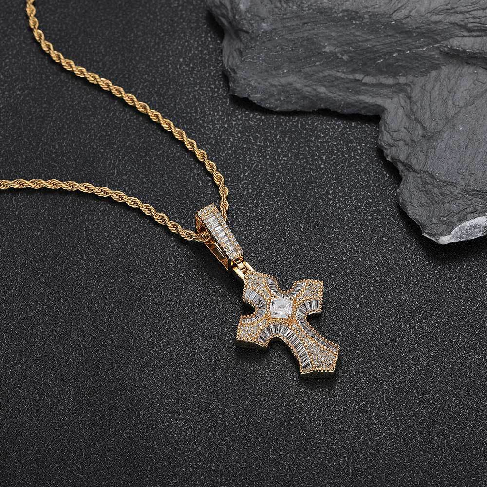 Architectural Zircon Cross Pendant Necklace – Gold-Tone Sculpted Statement Chain, Precision Inlaid