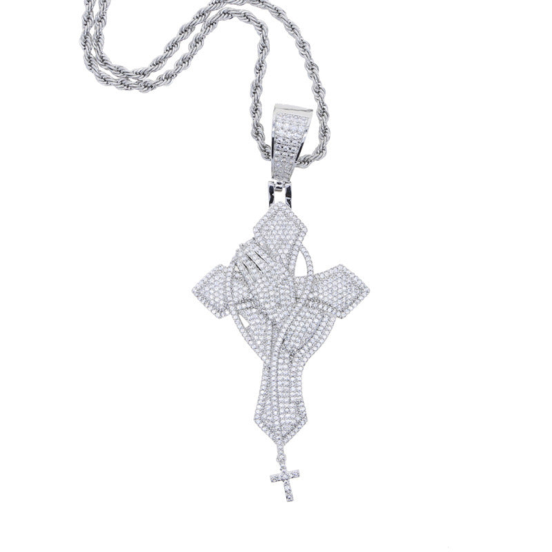 Sculpted Prayer Cross Pendant Necklace – Silver-Tone Pavé Zircon Statement Chain
