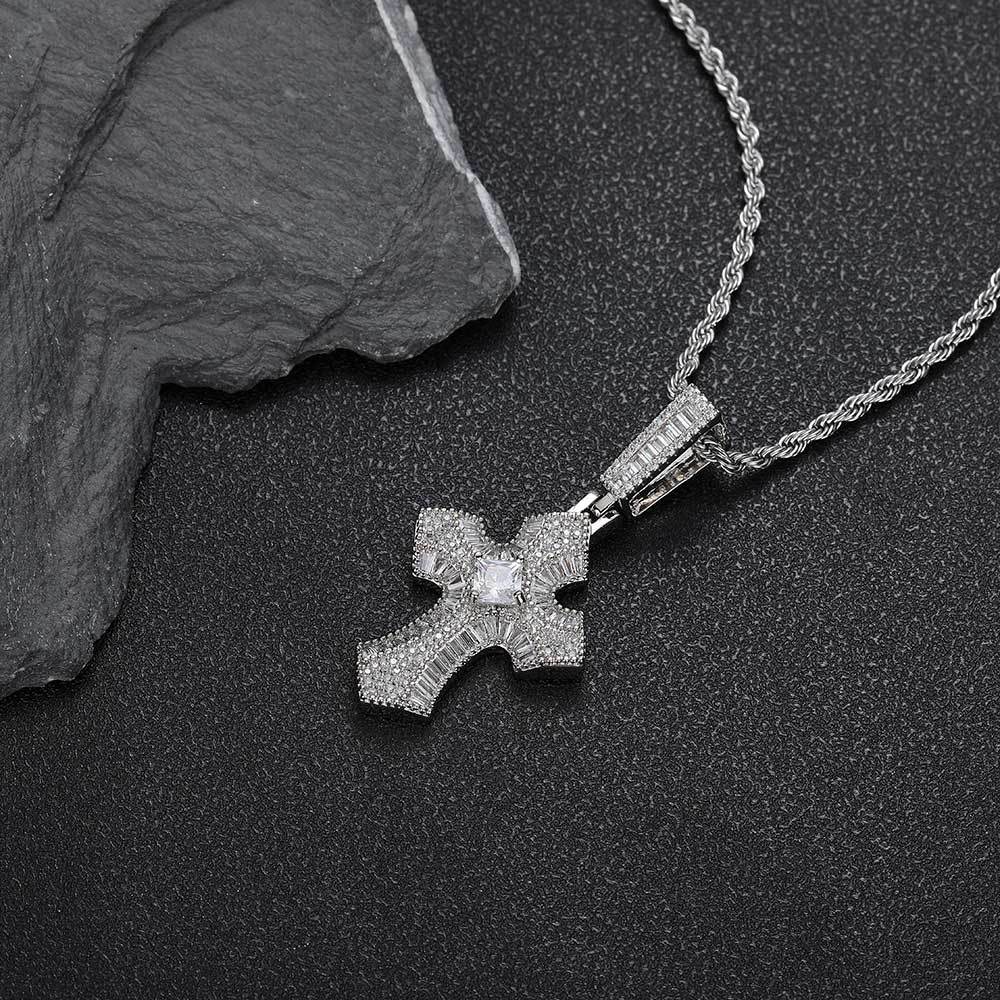 Architectural Zircon Cross Pendant Necklace – Gold-Tone Sculpted Statement Chain, Precision Inlaid