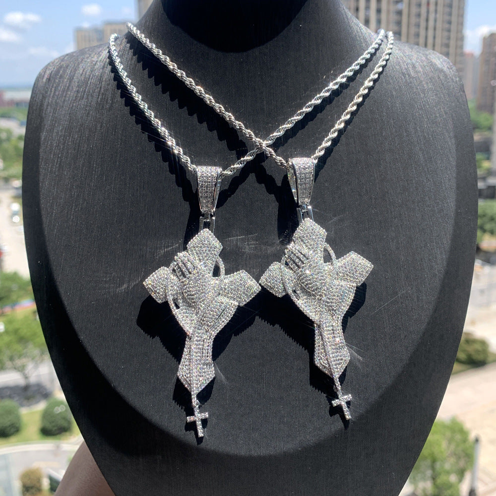 Sculpted Prayer Cross Pendant Necklace – Silver-Tone Pavé Zircon Statement Chain