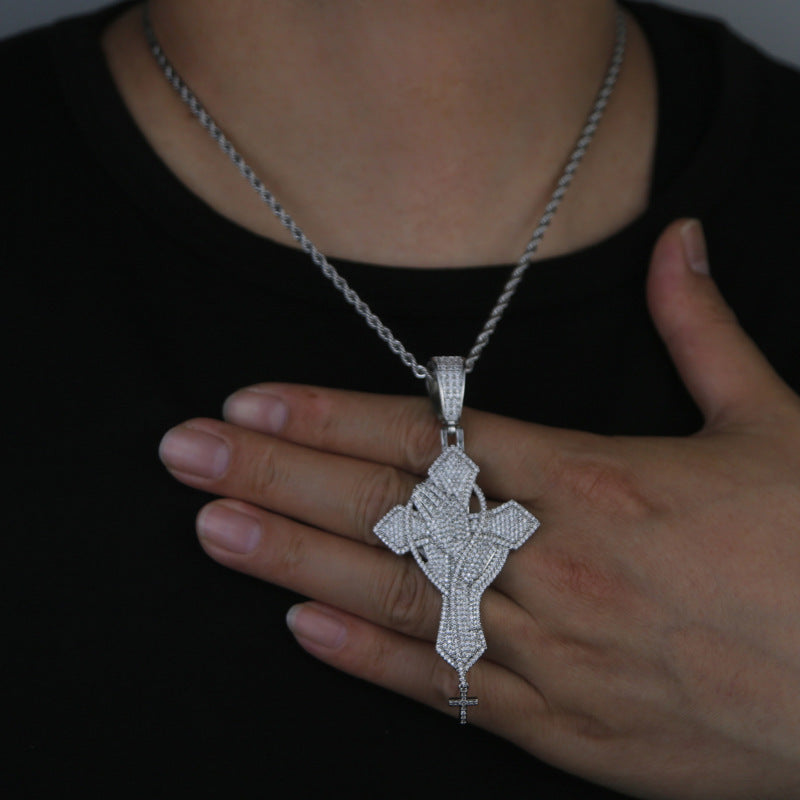Sculpted Prayer Cross Pendant Necklace – Silver-Tone Pavé Zircon Statement Chain