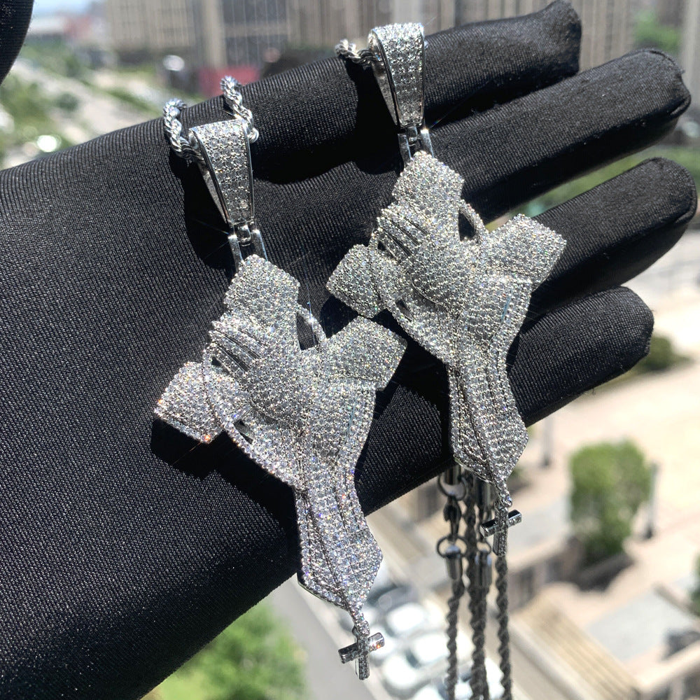 Sculpted Prayer Cross Pendant Necklace – Silver-Tone Pavé Zircon Statement Chain
